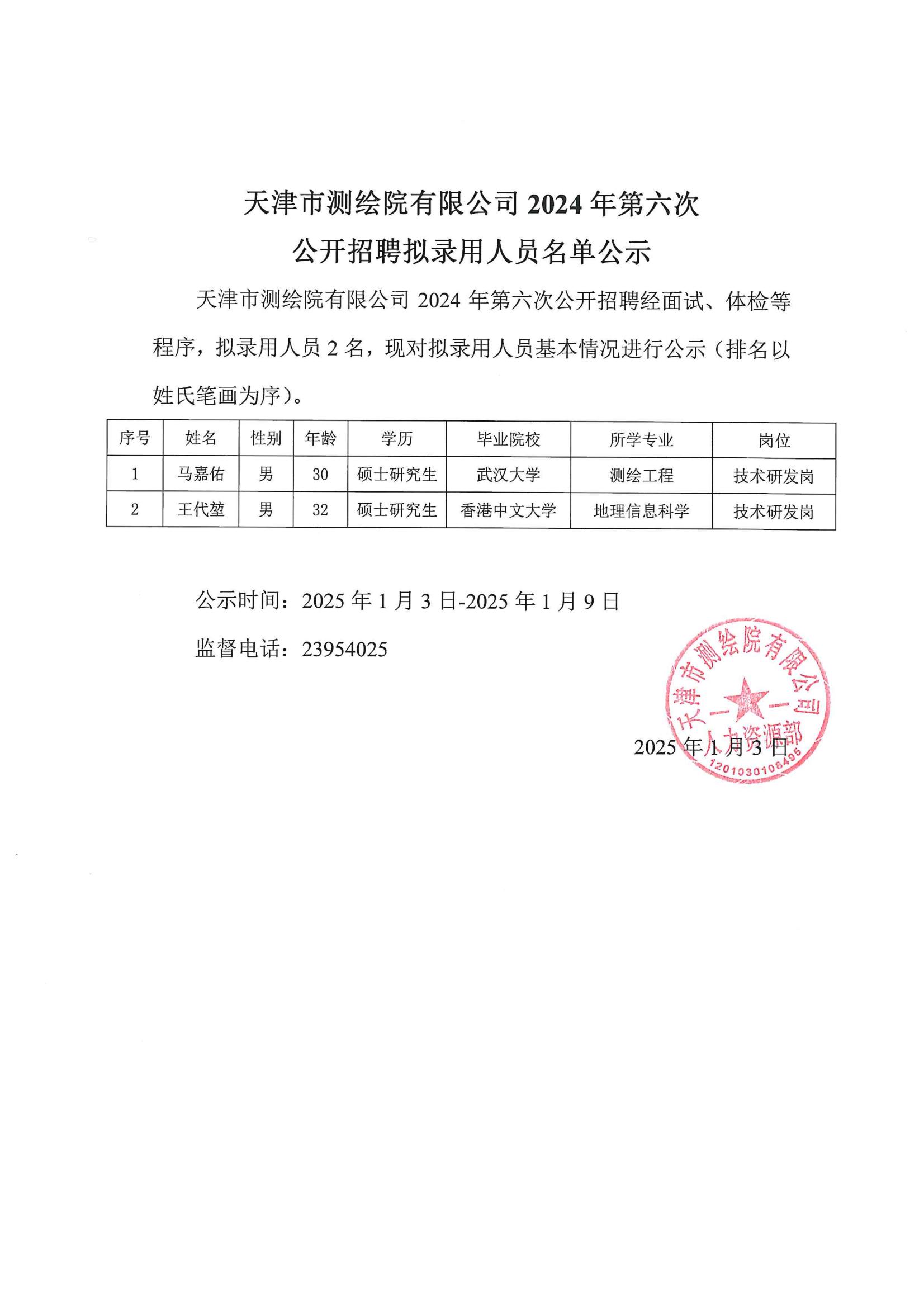 天津市測(cè)繪院有限公司2024年第六次公開招聘擬錄用人員名單公示_00.jpg